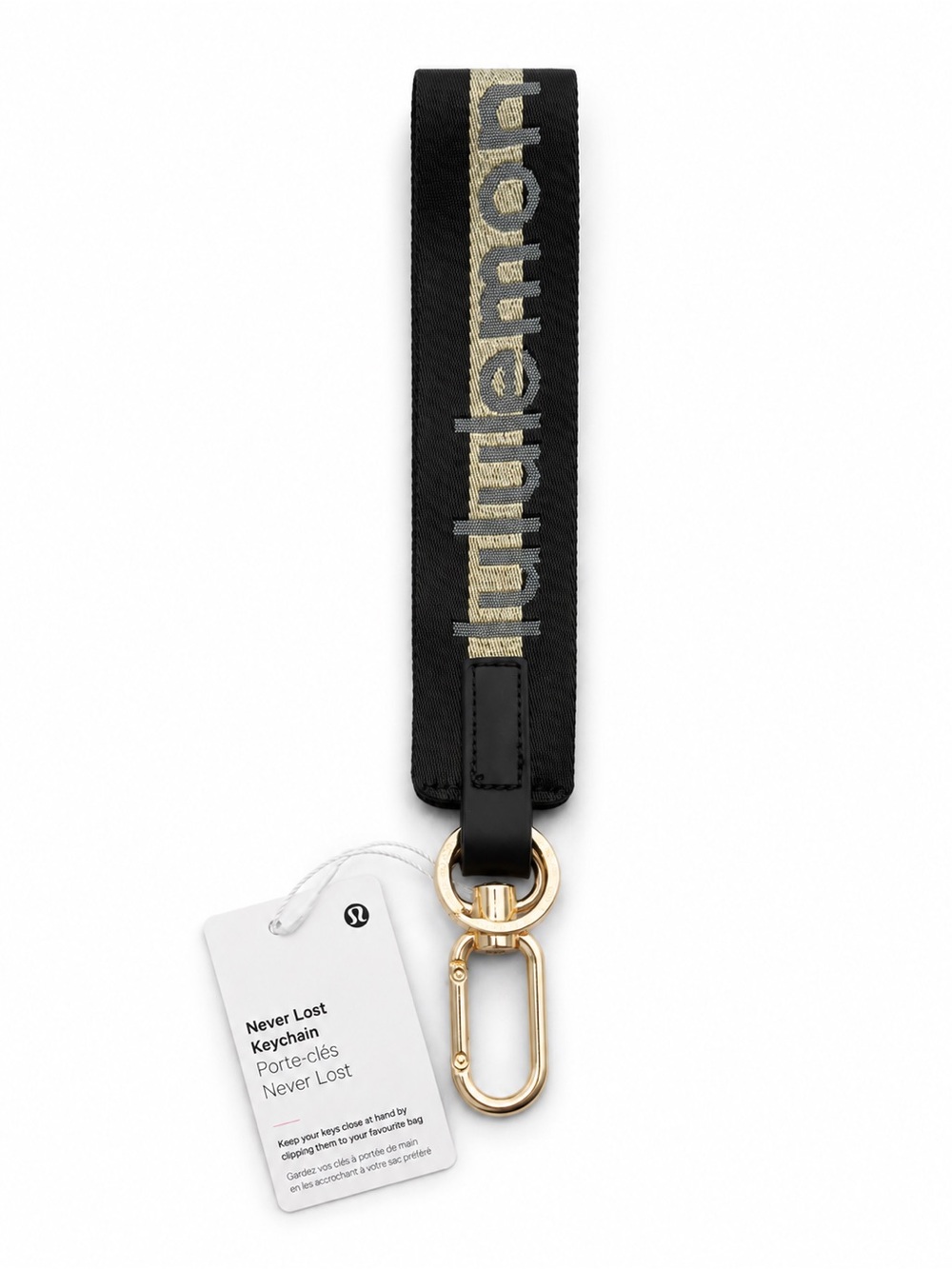 Lululemon Never Lost Keychain Black Gold Logo NWT